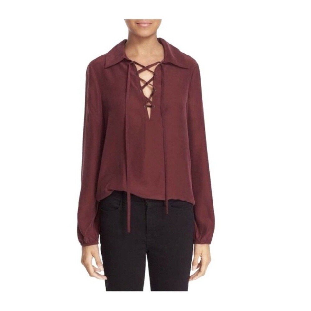 Frame Women’s Lace Up Silk Blouse Burgundy Sz S Poet